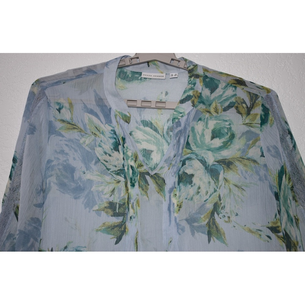 Susan Graver Top 2X Blue Floral Pintuck V-Neck Sheer Lace Sleeve Tunic Blouse - Picture 12 of 16